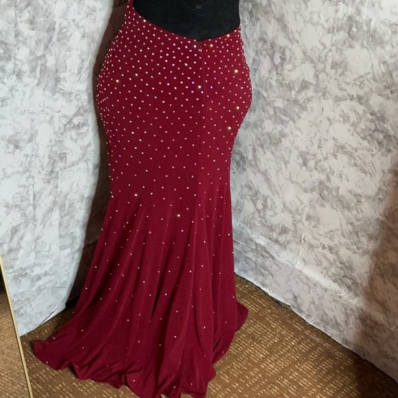Jovani Red Maxi Dress with Black Lace Sleeves - Picture 4 of 8